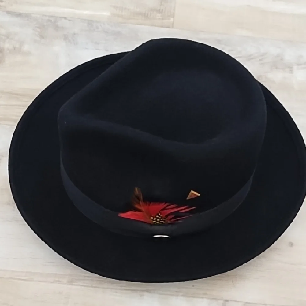Denzel collection Black Fedora Hat with Red Feather Accent